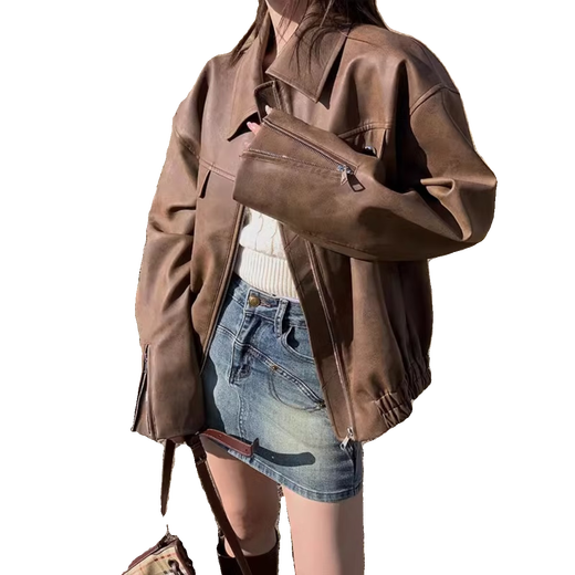 Veste en cuir obexi top marron féminin lâche American veste en cuir féminine 2025 Nouveau printemps, automne et hiver