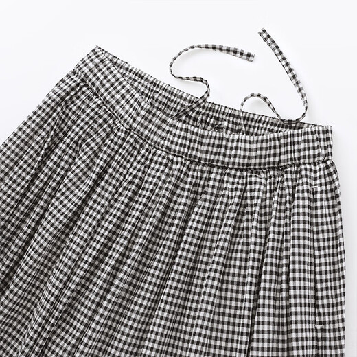 无印良品（MUJI）女式 强捻 抽褶裙 长半身裙女裙子女装格子裙25年夏季BE1VEC5S 黑色格纹 M （160/66A）