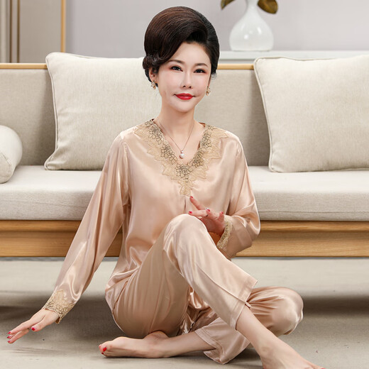 雅鹿冰丝睡衣女2025年新款春夏季薄款长袖中老年人家居服套装 684银色(长袖长裤) M 码建议8095斤