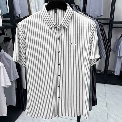 Kangaroo (DaiShu) short-sleeved striped shirt men's 2025 summer trendy half-sleeved shirt business casual no-solution elastic elastic AN15279 white 3XL
