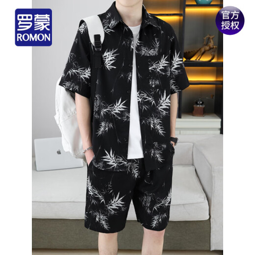 Romon (Romon) Camisa hermosa, traje de seda de hielo de verano masculino, camisa floral de alta gama, mangas cortas, pantalones cortos, set de dos piezas de playa 679 Traje blanco M 110Jin [Jin iguala 0.5 kg]
