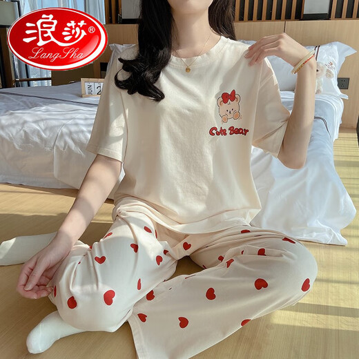 浪莎（LangSha）女士睡衣夏款纯棉2025年新款简约短袖长裤卡通家居服套装春夏外穿 6625红心熊 L