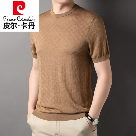 皮尔卡丹（pierre cardin）桑蚕丝棋盘格针织衫新款短袖t恤男半袖夏季圆领冰 丝纯色潮流男装 白色 YY-1391 L
