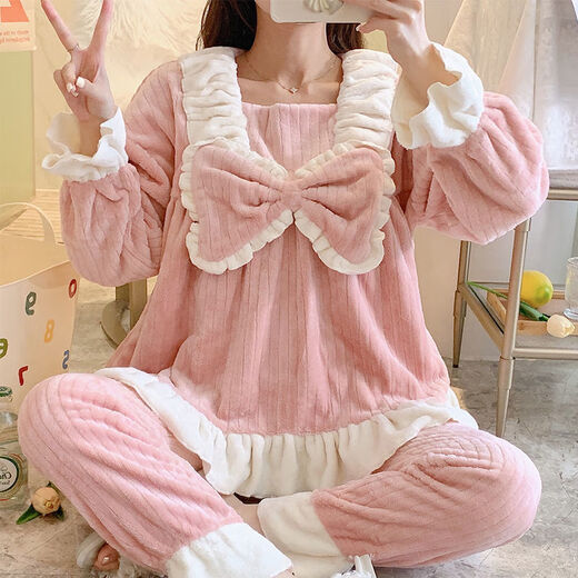 FHHUABD睡衣女秋冬季法兰绒韩版甜美卡通公主风家居服珊瑚绒加厚保暖套装 【9928绒】绿色花边领 M