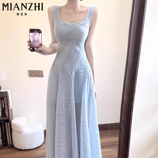 Vestido de suspensión azul francés de algodón para mujeres en verano 2025 Nuevo abrazadera de cintura y vacaciones de alta gama Falda larga Azul [408 Alta calidad 36.5] m 90-100Jin [Jin equivale a 0.5 kg]