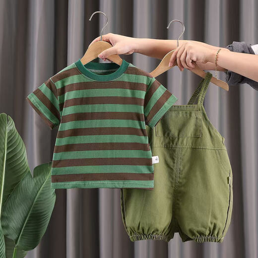 [Traje de pandeliers] ropa para niños para niños correa de color sólido 2025 pantalones sueltos de verano traje verde musgo 100