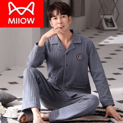 猫人（MiiOW）男士睡衣春秋季长袖纯棉青年加大码可外穿中年爸爸秋款家居服套装 Y6621 L 105 130斤