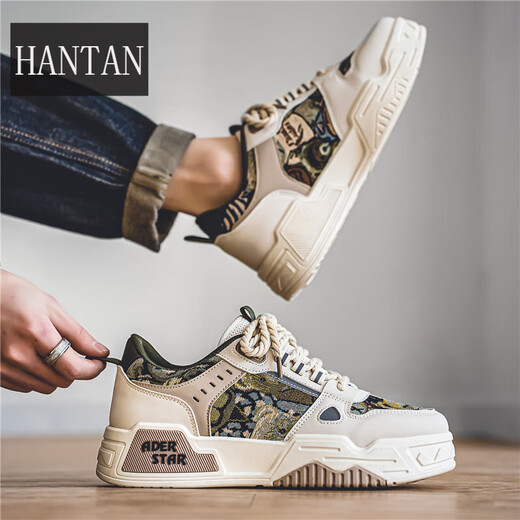 韩谈男鞋秋季透气百搭休闲设计感小众板鞋男士运动厚底增高帆布潮鞋子 米卡其 42