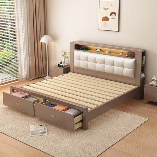 
Yu Feiqi Nordic multi-function soft solid wood double bed modern simple high box night light storage charging wedding bed 9901# single bed [with light with socket] 1.8*2.0m (frame with tail withdrawal)