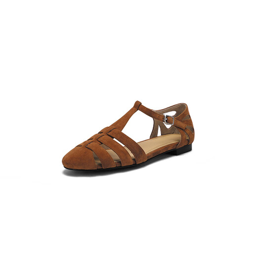 
Asacho Sheepskin Roman Sandals Women's Flat Fashion Shoes New Summer Box Soft Sole Mary Jane Shoes Women's Hollow Women's Leather Shoes Brown 6175 37