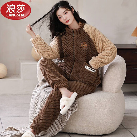 浪莎（LangSha）睡衣女士秋冬季珊瑚绒加绒加厚可外穿大码拉链法兰绒家居服套装 9717 双面提花绒 M [建议80-100斤]
