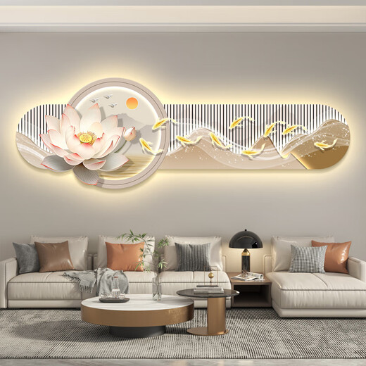 界同九鱼图led带灯客厅装饰画沙发背景墙挂画壁画简约现代感荷花 KX-6189 80*240【充电宝+遥控】
