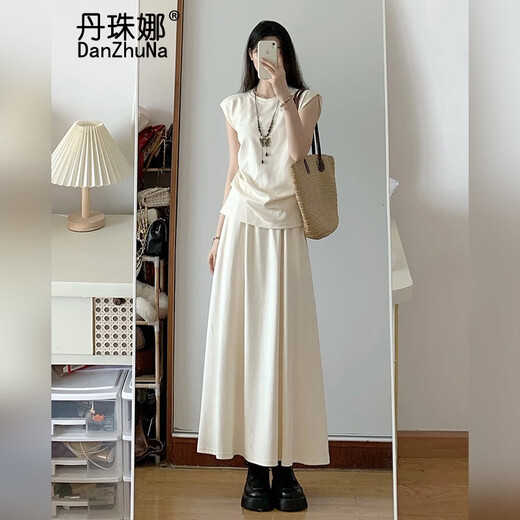 丹珠娜（DanZhuNa）小香风连衣裙子夏天女装2025新款夏季法式梨形身材伞裙长裙套装女 3532米色+杏色裙子 S