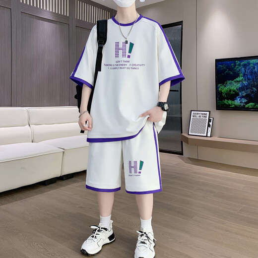 Chengjie Teenager neuer Sommersportanzug 12-15-jährige Jungen kurzärmelige T-Shirts für Studenten mit großen Kinder-Eis-Seiden-Shorts 9928 Beige-Anzug m ca.