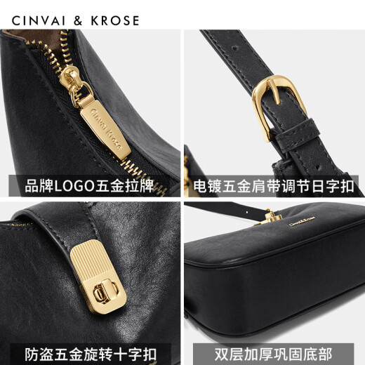 CinvaiKrose官网小c&k包包女包2025最新款斜挎包女真皮单肩腋下包饺子包女包 黑色