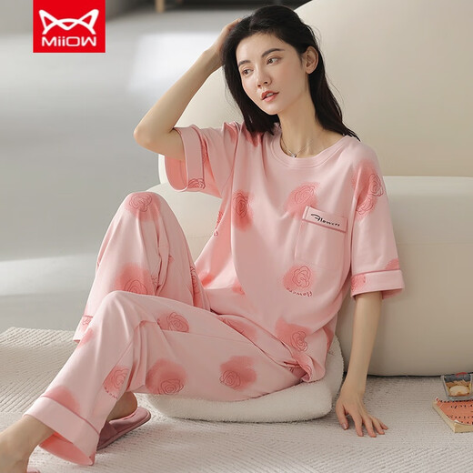 猫人（MiiOW）睡衣女夏季纯棉短袖长裤薄款纯棉夏天女士家居服套装春秋季 YZT9712主图款 短袖长裤 M 80-100斤