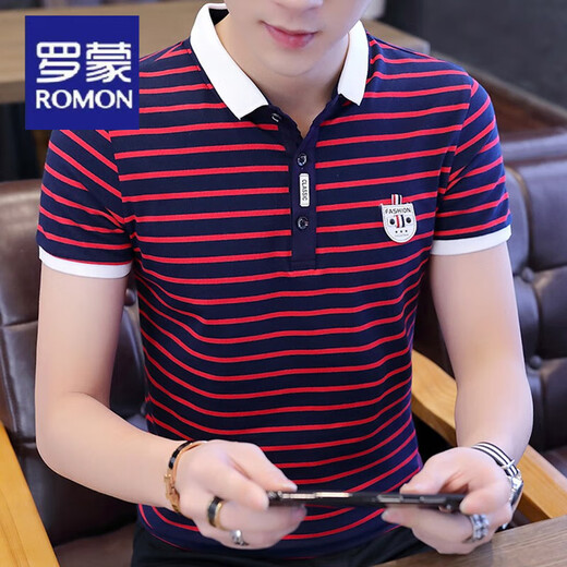 罗蒙（ROMON）男士短袖t恤纯棉修身时尚体桖纯棉夏季潮流条纹Polo衫新款夏装 W7029藏青色 XL 120-135斤