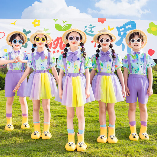 Tongran Children's Performance Costumes Kindergarten Graduation Photo Dance Class Uniforms Primary School Cheerleading Sports Meet Performance Costumes Purple Short Sleeves + Overalls Shorts 130 Sizes