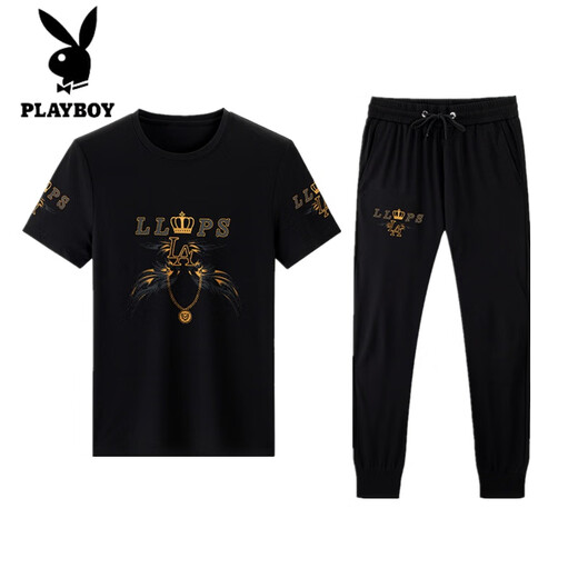 
Playboy high-end summer short-sleeved suit men's mulberry silk screen printed T-shirt fashion Korean style fashion casual sports two-piece set 9227 black 4XL 190