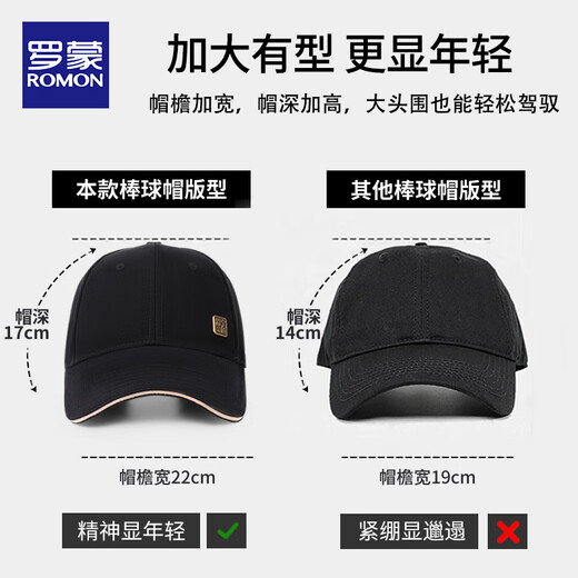 罗蒙帽子男士棒球帽硬顶大头围鸭舌帽户外舒适透气遮阳帽修饰脸型 黑色 均码
