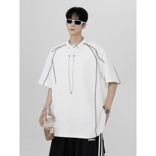 Dan Pretty Summer Contrast Lines Shoulder Pad Short Sleeve Shirt Men's Design Small Neckline 1421 White M