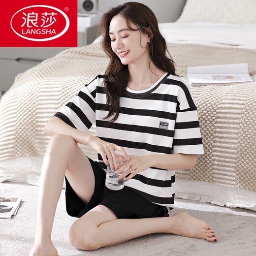 浪莎（LangSha）2025年新款睡衣女夏季纯棉短袖两件套夏天条纹家居服舒适宽松 YZT9853 M 女款 建议80-100斤