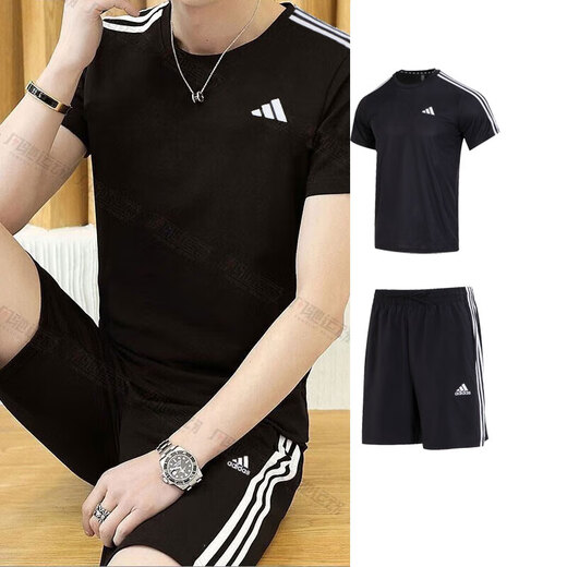 阿迪达斯 （adidas）男装运动套装25夏季新款舒适透气三条纹短袖T恤五分裤短裤两件套 IB8150+IC1484 M/175