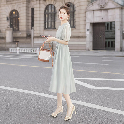 
Silk Cypress V-neck Dress 2025 Summer New Women's Waist Lace Ties Gentle Sweet and Fashionable Mid-length Skirt
