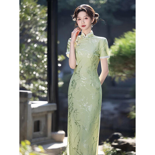 With the European (YIOU) green cheongsam temperament, the new Chinese style new summer college entrance examination dress, young small person 9716 green cheongsam S