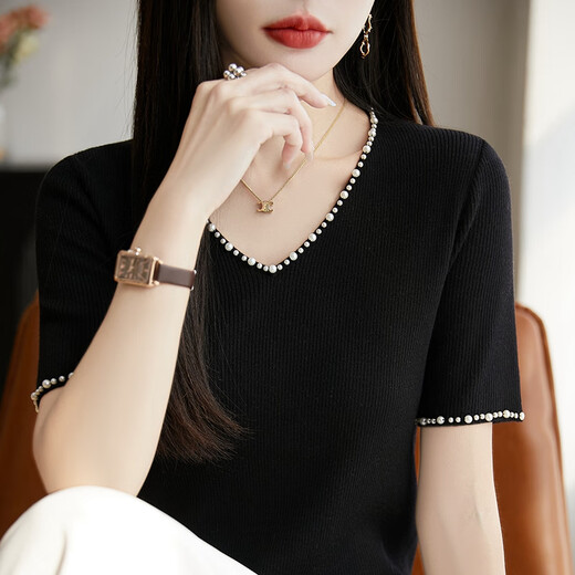 黎依奴（LISLAVE）2025夏季精仿薄款法式V领时尚钉珠短袖针织衫女气质显瘦T恤打底衫 黑色 JXWYTZ2575 M