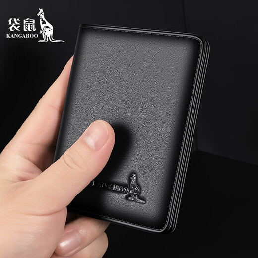 Kangaroo wallet men's genuine leather new fashionable wallet business thin small card bag integrated leather wallet black [litchi pattern]
