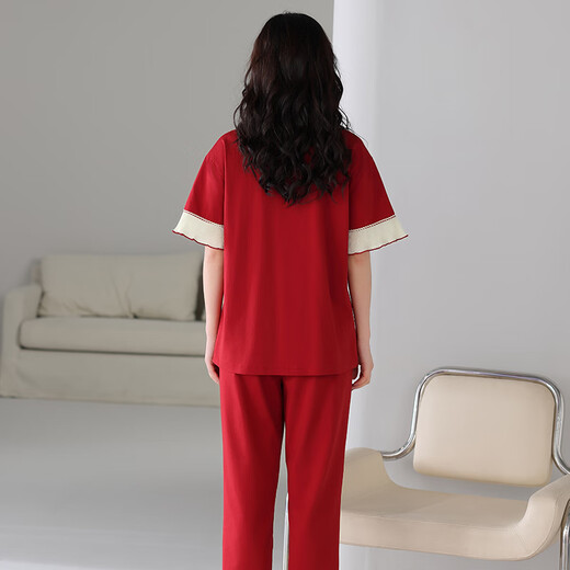 浪莎（LangSha）结婚情侣睡衣一男一女夏季薄款纯棉短袖红色喜庆可外穿家居服套装 866+766 L 女+男款L