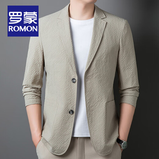 
ROMON bubble yarn suit men's spring and summer new solid color business casual single western jacket thin loose suit top blue XL 180