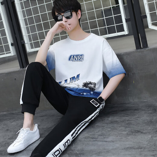 Qiao Yumeneng Summer Boy kurzärmeligte Sweatshirt 13-jährige Teenager-Hosen T-Shirt T-Shirt Zweiköpfig 15 Schüler der Junior High School 14 Sportanzug Weiß und Blauanzug 9226 (Kurzärärmel + Hosen) Hochwertiges M (Empfohlen 78-95 Jin [Jin gleich 0,5 kg]))