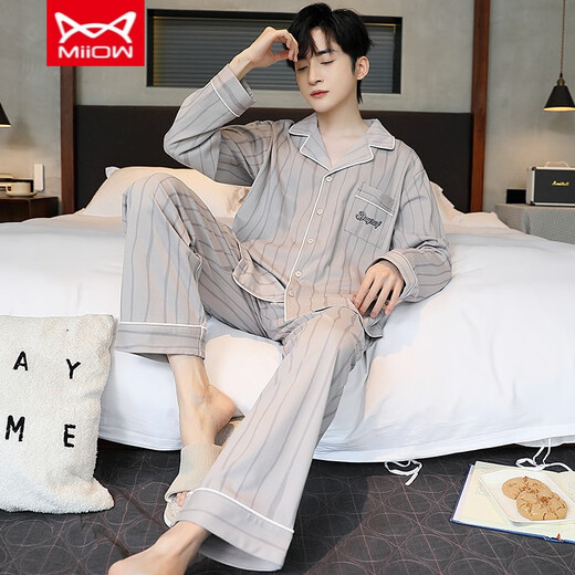 Catman Miiow Spring and Automne Pyjamas for Men Cotton Pure Cotton Lutte Large Taille pantalon à manches longues décontractées Le style d'été et d'hiver peut être porté à l'extérieur pour les vêtements à domicile omm12004 L (recommandé 100-130jin [Jin est égal à 0,5 kg]))