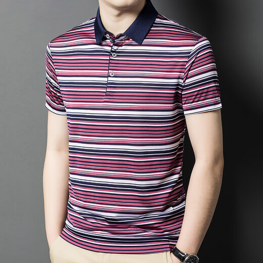 Dancing with Wolves Ice Silk T-shirt Men's Short Sleeve Summer Thin Collared Cross-Stripe Flush Top Cool Silky T-shirt POLO Shirt SJ1503 Camel M 165