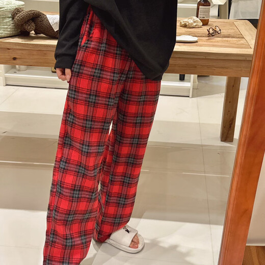 S.SOFEA春秋女睡衣两件套黑红格子家居服 长袖套NY897红小格 170 M(80-100斤)