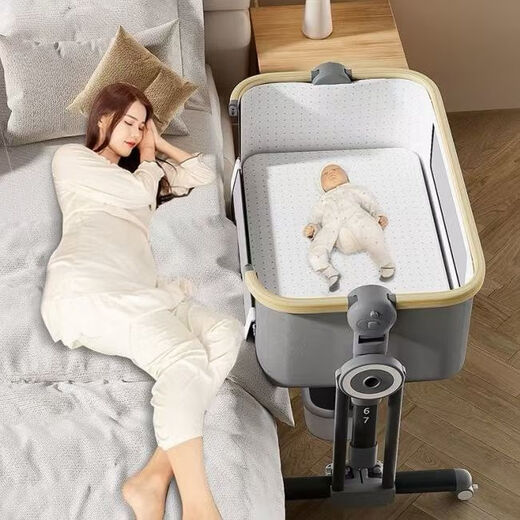 
Raft core diaper table crib two-in-one foldable movable aluminum alloy crib splicing large bed multi-functional movable aluminum alloy wood grain [light powder] style + 4 fiber mattress