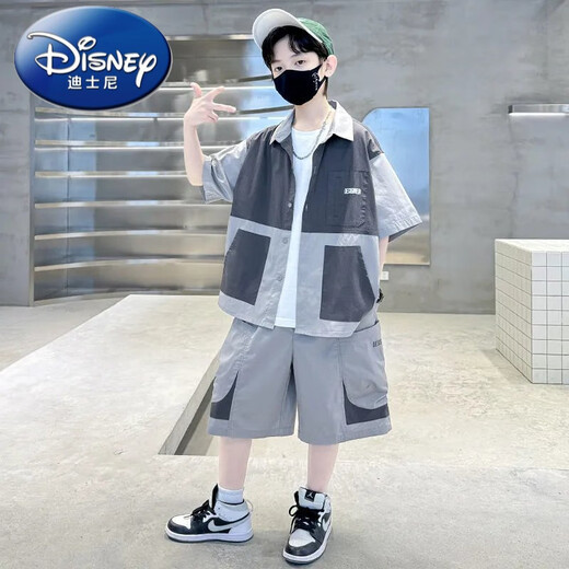 迪士尼（Disney）男童夏装套装新款夏季中大童儿童男孩夏款短袖衬衣痞帅潮衣服 TZK679-灰色套装 120 建议身高140-150厘米