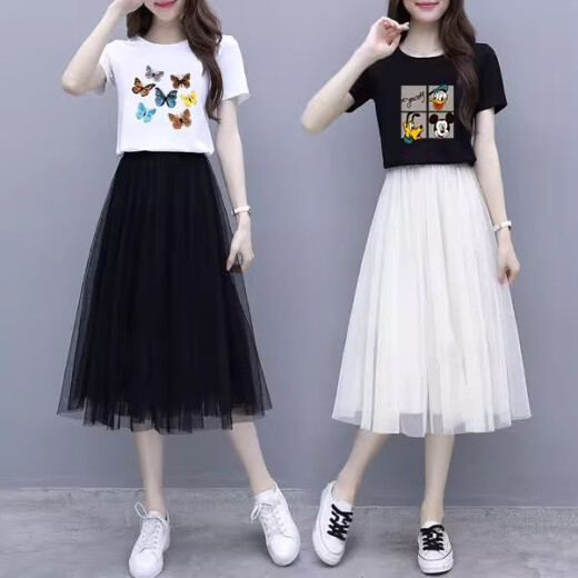 FHHUABD Small Dress Suit Women Summer 2025 New T-shirt Mesh Skirt Two-piece Top Half Skirt Women 6198# White Top + Black Skirt One Size s