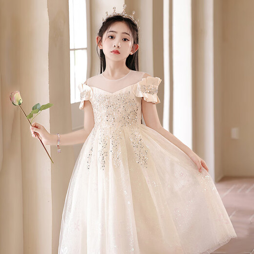 
Omonway children's princess dress evening dress flower children wedding dress girl host piano performance clothing YR-KLS-1792 champagne sleeveless 160