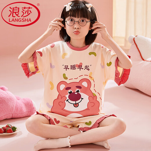 LangSha short-sleeved pajamas junior high school students summer thin pure cotton cartoon cute teenager home suit MQ6626 short-sleeved women's style average size 12 size Height 110-120 Weight 35-4
