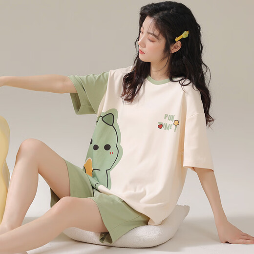 Jingpu Fei Japanese cute cartoon short-sleeved pajamas for women loose summer home clothes set 679 green dinosaur 170 M code [suggested 80-90 Jin [Jin equals 0.5 kg]]