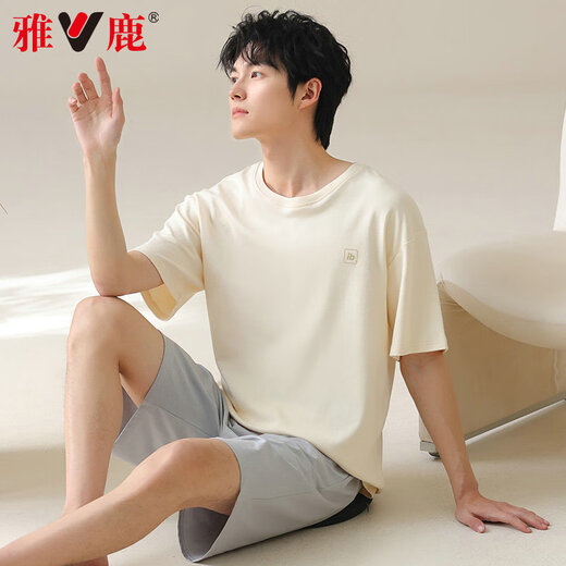 雅鹿男士睡衣男纯棉夏季薄款短袖全棉可外穿休闲大码男生家居服套装 42m13601 3XL  推荐体重160-180斤