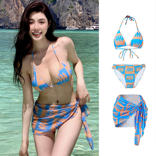 Jiangong Bikini Swimsuit Women's Super Sexy Hot Spring Swimsuit Women's Beach Three-Point Pure Desire Split Resort Style Swimsuit Bikini Orange Blue Split Three-piece Set One Size/Suitable for 80-120Jin Jin is equal to 0.5 kg