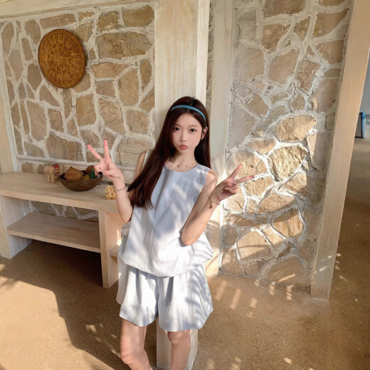 京濮飞多巴胺少女感两件套无袖背心阔腿短裤显瘦纯色T恤 9719杏绿色上衣 M