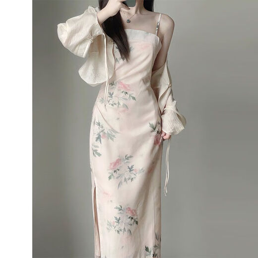 Pierre Cardin New Chinese Retro Chinese Style Suspender Robe Two-Piece Suit Gentle Slim Long jupe Summer Nouveau style 2025 Petite personne 9273 Set M M
