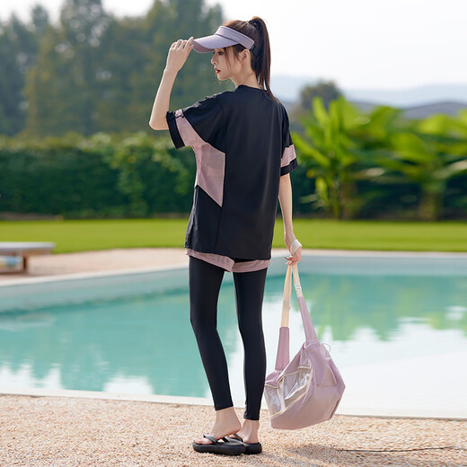 Kebo large-size swimsuit women 200 Jin [Jin equals 0.5 kg] Hot spring split conservative sun protection trousers jellyfish diving suit sports suit swimsuit black and purple four-piece set 5XL
