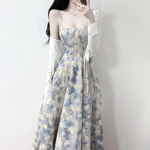 FOX.G碎花吊带连衣裙女裙子2025夏季纯欲气质海边度假新品长裙子两件套 蓝色油画碎花连衣裙两件套 M 【建议105斤以内】