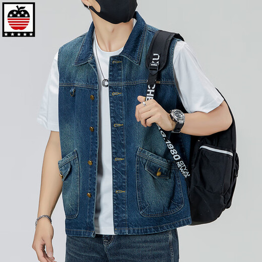 Aemape Apple Light Color Großgröße Lose Jeansweste für Männer und Frauen Frühling und Sommer Trendy Marke Retro Workwear lässig Ärmele Horse Clip Weste 6231# Retro Blue 4xl (Empfohlen 190-205 Jin [Jin gleich 0,5 kg]))